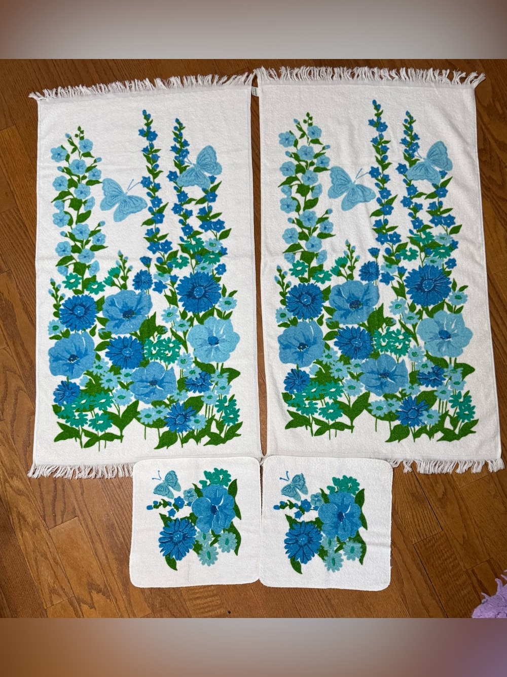 New MCM Vintage 4pc Bath Towel Set Leshner St Mary’s Blue Floral Butterfly